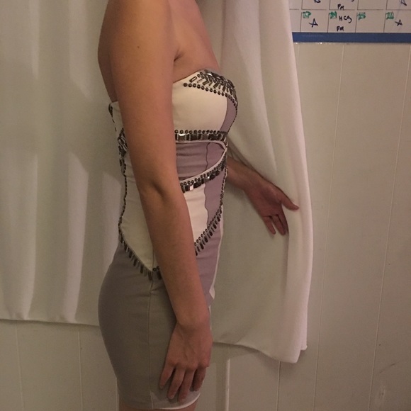 Bebe  strapless grey and white dress with studs - Picture 2 of 7